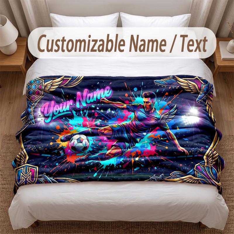 Soccer Theme Soft Blanket Personalized Custom Name Text Print Warm Blanket Home Sofa Bedroom Decor