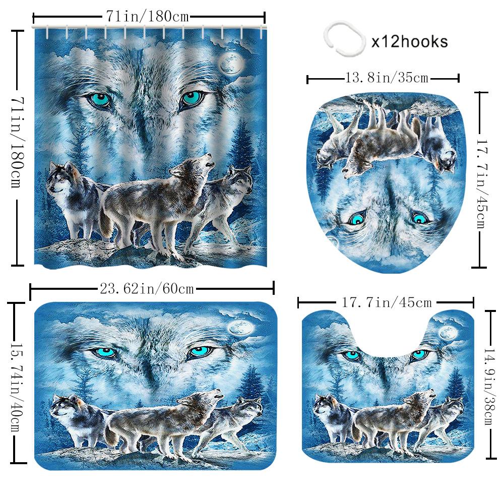 1/4 Wolf eyed wolf shower Curtains, Toilet Seat Decoration, Shower Curtain with Carpet and Toilet Lid, 12 70.8x70.8 inch Hooks