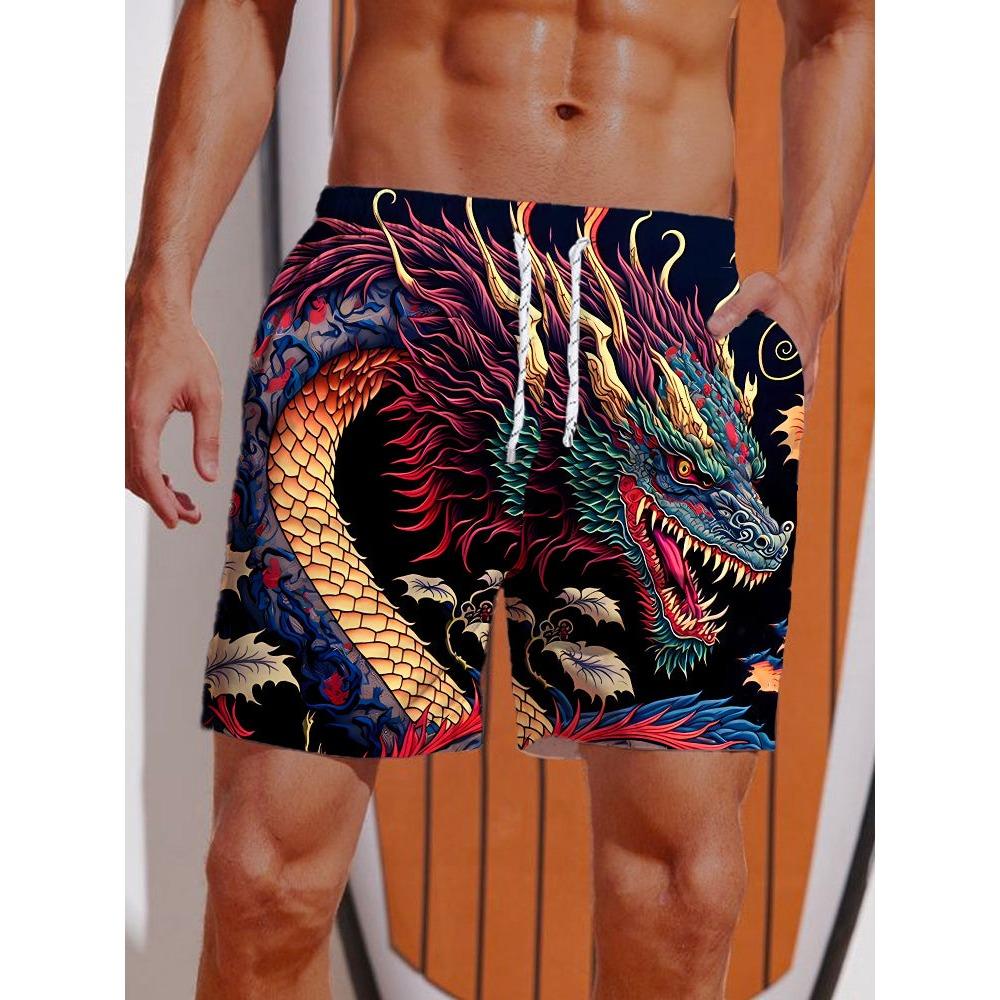 2026 Summer 3D Printed Ukiyo-E Fierce Dragon Printing Shorts Men's Board Shorts Swim Trunks Drawstring Breathable Short