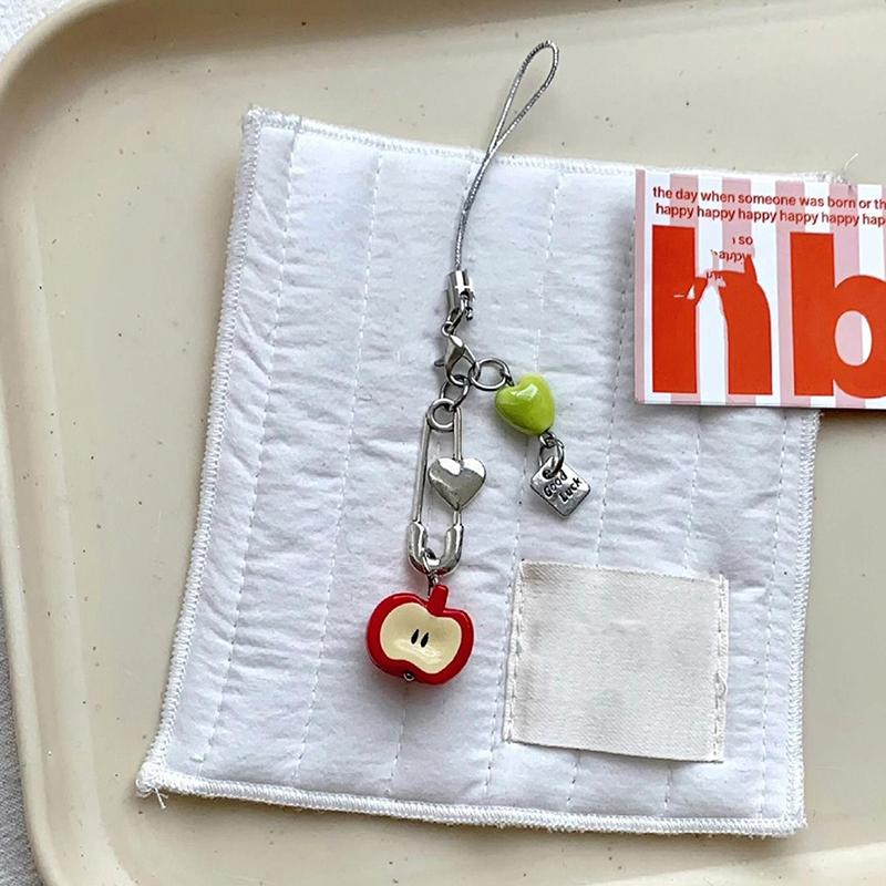Sweet Fresh Heart Apple Keychain Phone Chain Lucky Beaded Pendant Charms Backpack Decoration Girls  Camera Lanyard