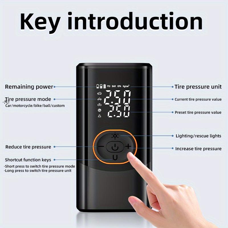 Portable air compressor with digital pressure gauge, 150PSI rechargeable battery, LED light, wireless tire inflator, and USB Type-C interface.
