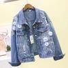 Embroidery Denim Short Jacket Female Spring Autumn Applique Diamond Holes Coat Loose Tops Student Jean Outerwear Jackets
