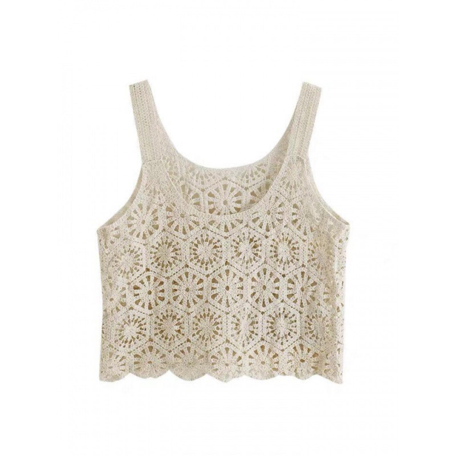 Женский вязаный топ-майка с вышивкой для женщин, свободный короткий топ One Size бежевый