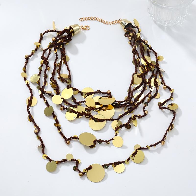 Boho Multilayer Stacked Handmade Round Sequin Waterfall Necklace For Women Vintage Indian Ethnic Style Jewelry Neck Accessories