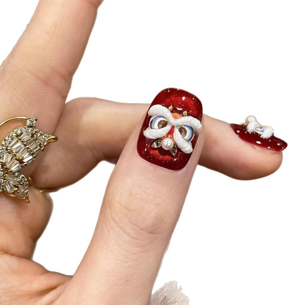 3D Embossed Lion Design New Year Wearable Red Nails - Festive Detachable Short Manicure