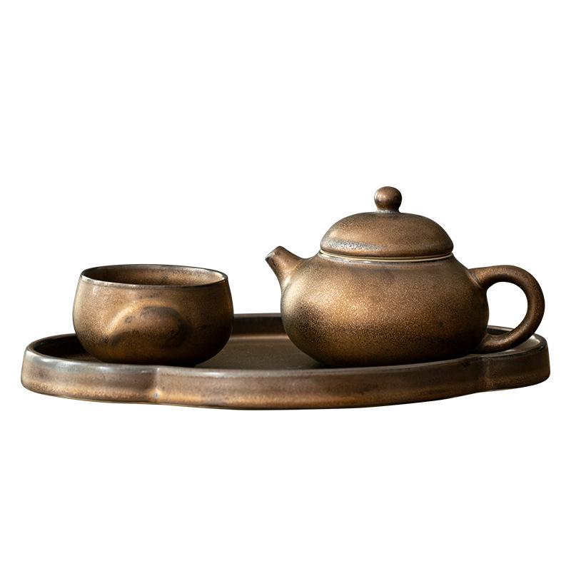 2026 New Style Gilded Rust Glaze Ceramic Teapot Kung Fu Tea Set for One – Includes One Pot and One Cup