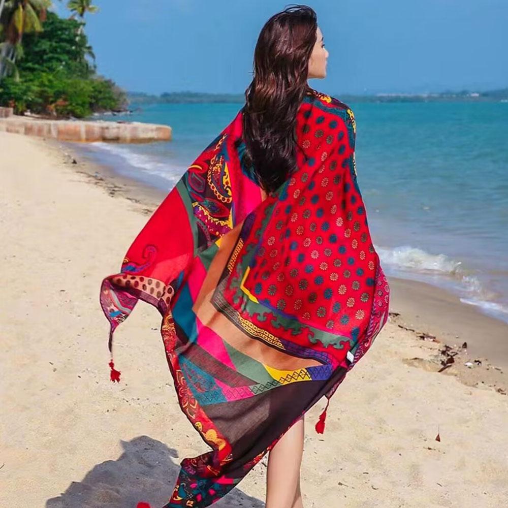 180Cm Leopard Print Flower Ethnic Style Scarf For Women'S Summer Sun Protection Silk Scarf, Paired With A Shawl Cape Beach Scarf