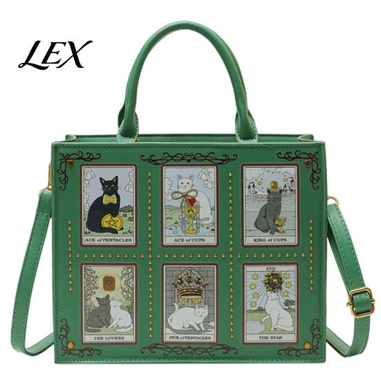 Unique Cute Cat Print Tote Women Bag, Faux Leather Shoulder Artistic Patterns, Casual Bag Stylish Crossbody Handbag for Work Daily Use Vintage Pattern