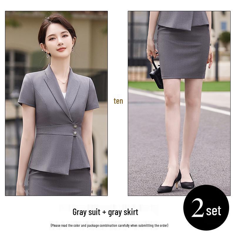Women's Professional Gray Summer Suit - Elegant Workwear for Beauty Salons and Jewelry Stores