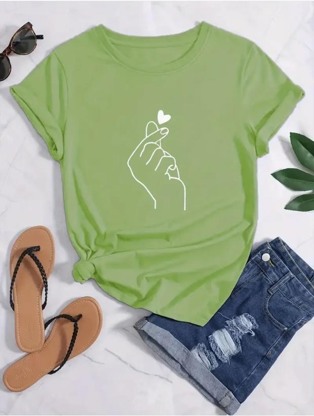 Fashion Women Simple Fingers Compared to Heart Print T Shirt Funny Casual O-neck Short Sleeves T-shirt Summer Female Tee Shirt