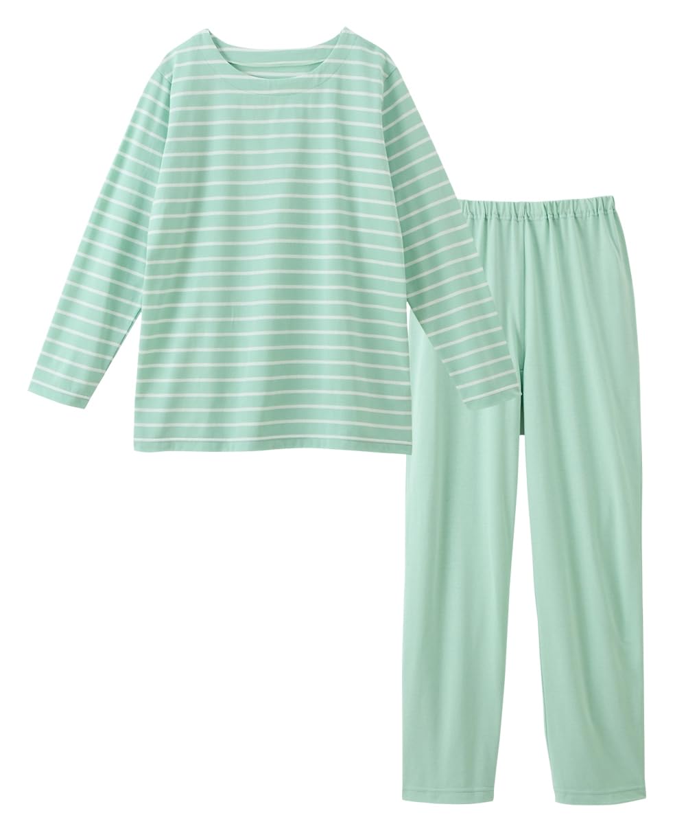 

Pajamas and loungewear set for cotton blend long sleeve striped loungewear top and bottom mint L [Nissen] women, set, green,