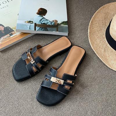 Sheepskin Version~ High-end Small Gold Buckle Leather One-word Slippers Women's Summer Outer Wear Hollow Soft Bottom Half Slippers Small Sandals