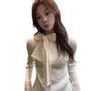 French Lace Bow Long-Sleeve Slimming T-Shirt 2026: Autumn/Winter Versatile Base Layer