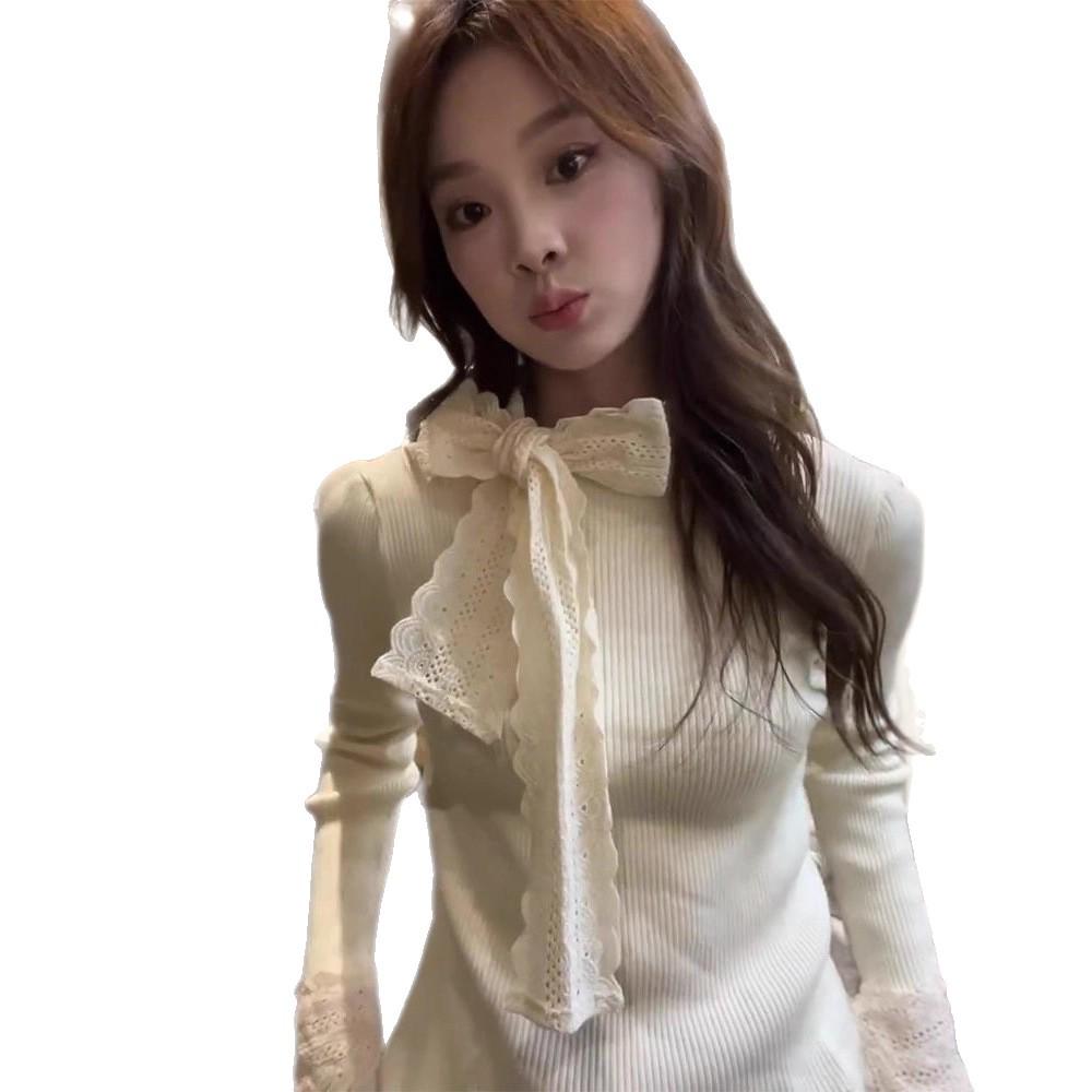 French Lace Bow Long-Sleeve Slimming T-Shirt 2026: Autumn/Winter Versatile Base Layer