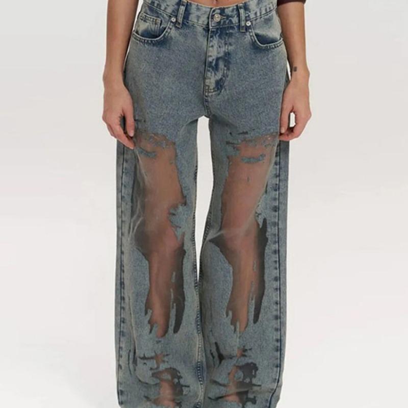 Damen Y2k Amerikanischer Stil Ausgeschnitten Patchwork Locker Gerade Jeans Lang Hosen