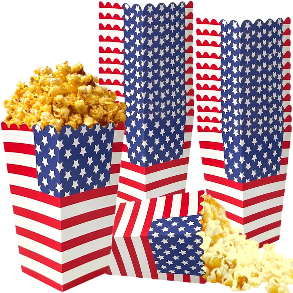 4PCS Independence Day Popcorn Box Paper USA Popcorn Holder Snack Candy Boxes 4th of July Treat Boxes Concession