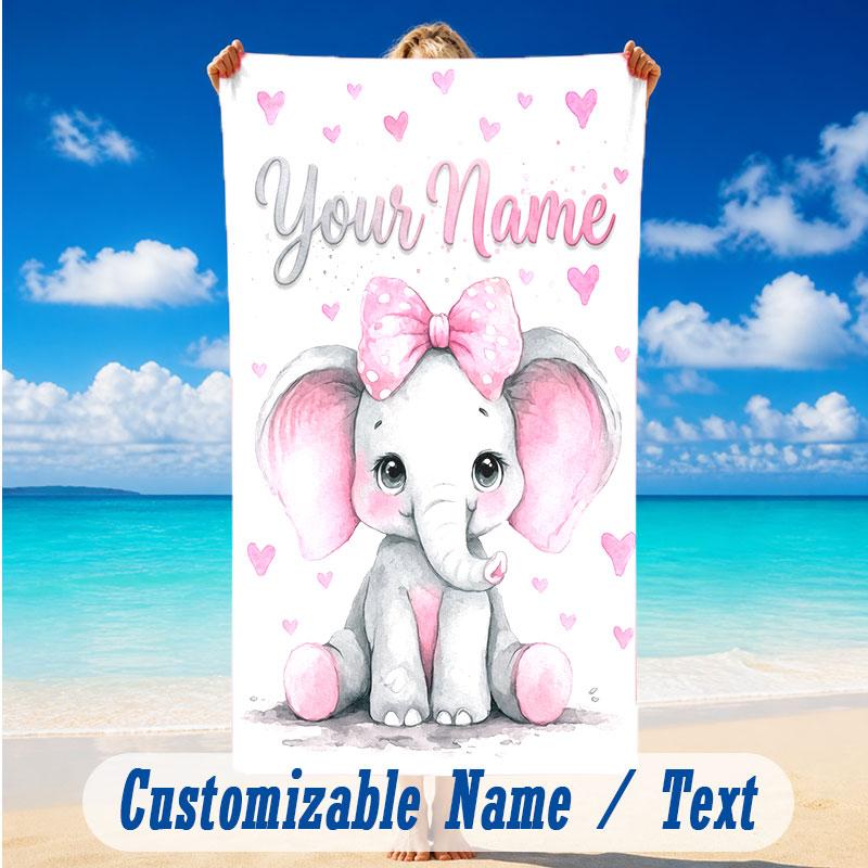 Elephant Theme Beach Towel Personalized Custom Name & Text Soft Quick Dry Beach Towel for Swimming Travel