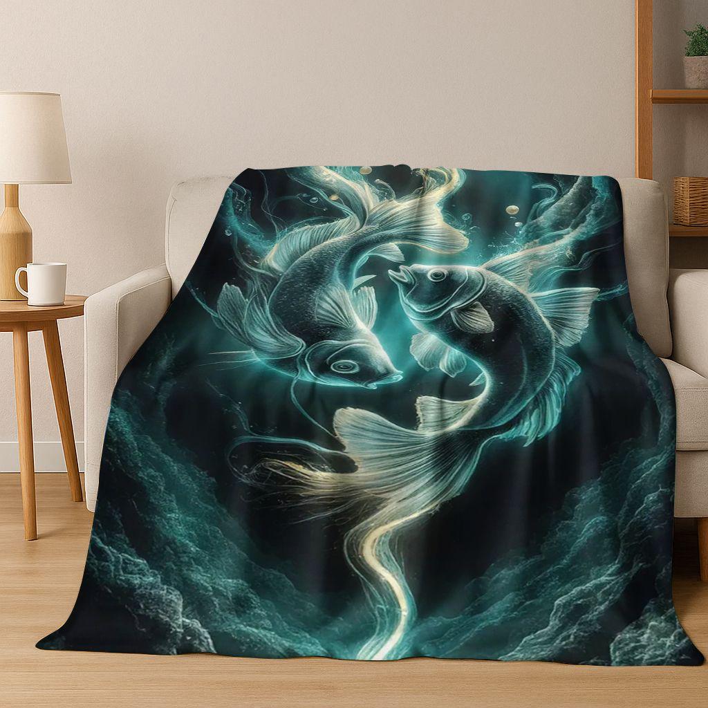 Luxuriöse Glückskarpfen Yin Yang Karpfen Cartoon Flanell Decke, Gemütliche Weiche Überwurfdecke für Zuhause Schlafzimmer Bett Sofa Abdeckung Geschenk Kind