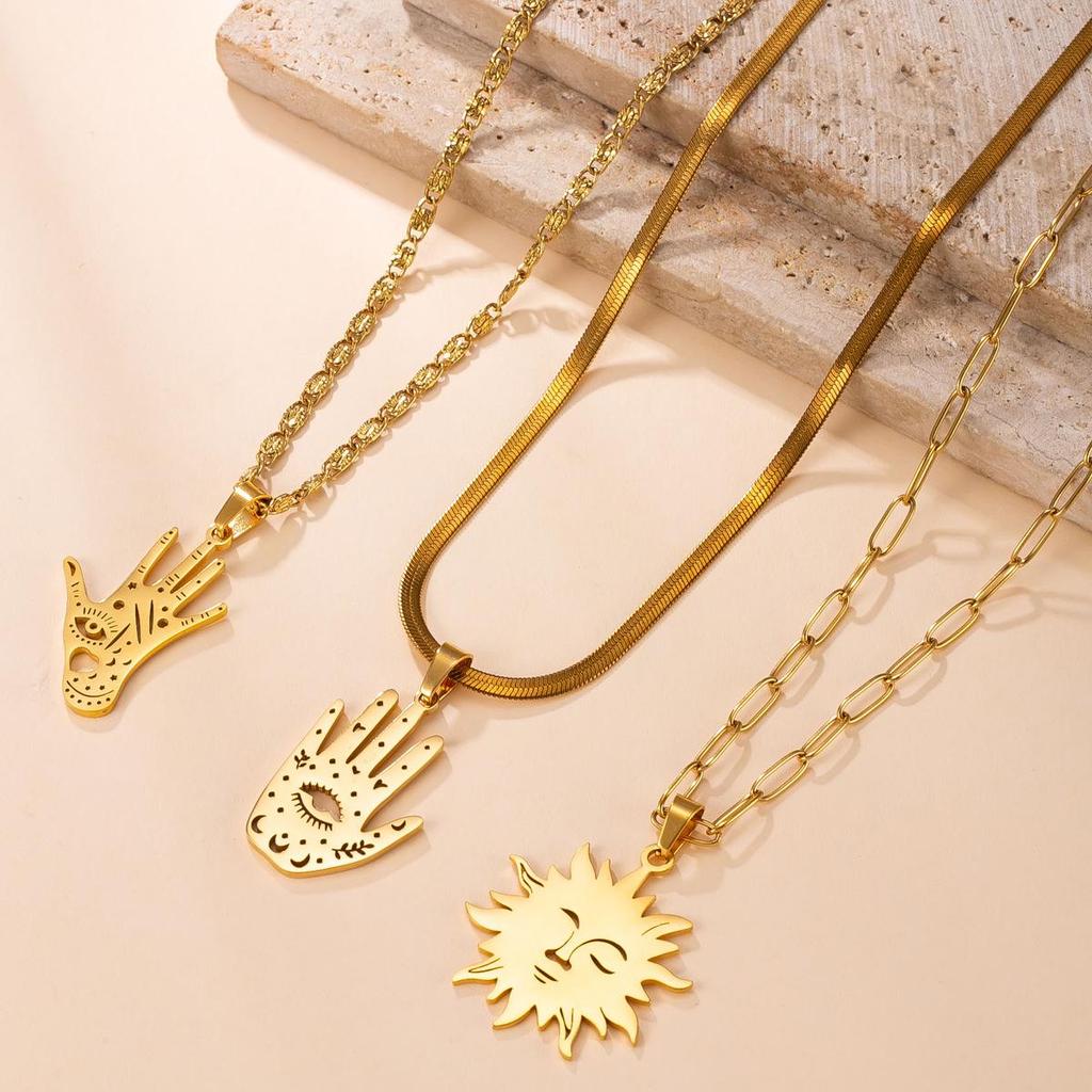 Minimalist Sun Palm Pendant Necklace for Women - Stainless Steel Clavicle Chain