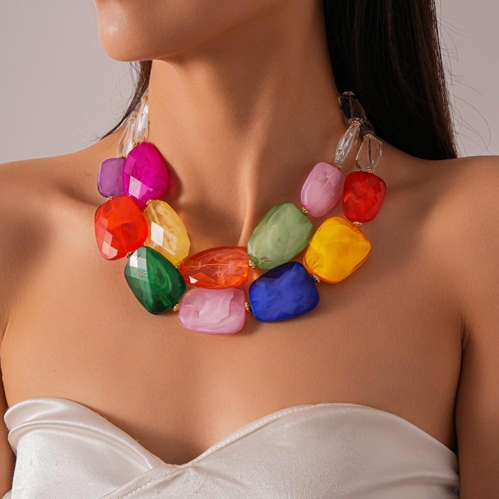 Translucent-jelly Oversized Resin Strand Multi-hue Geometric Facet Choker  Fashion Forward Women