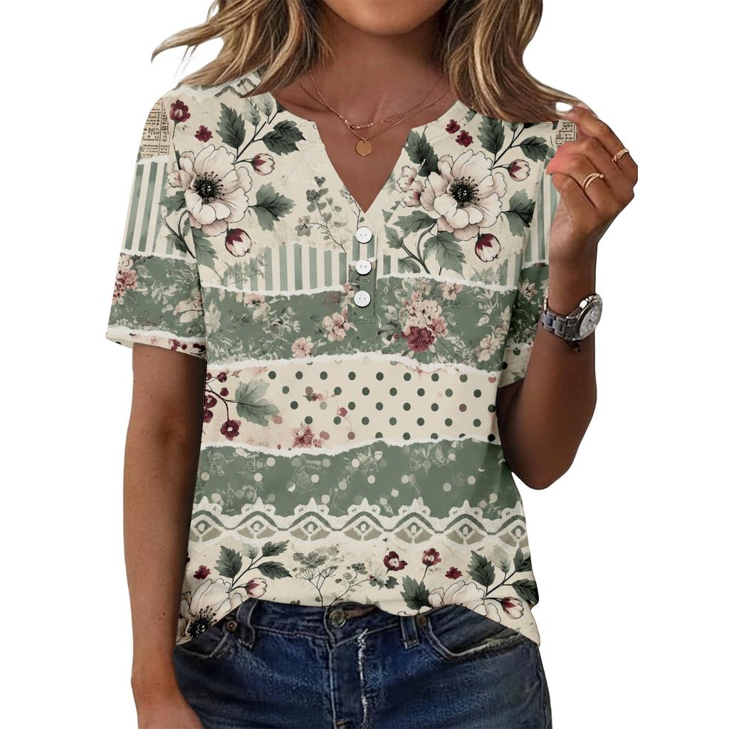Women's Casual Floral Print V-Neck Short Sleeve T-Shirt Top with Decorative Buttons for Everyday Wear