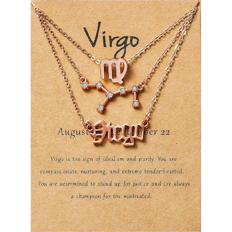 PANTIDE 3Pcs Constellation Zodiac Layer Necklaces for Women Girls, Retro 14K Gold Plated 12 Constellation Pendant Necklace Exquisite Letter Horoscope Virgo-Rose Gold