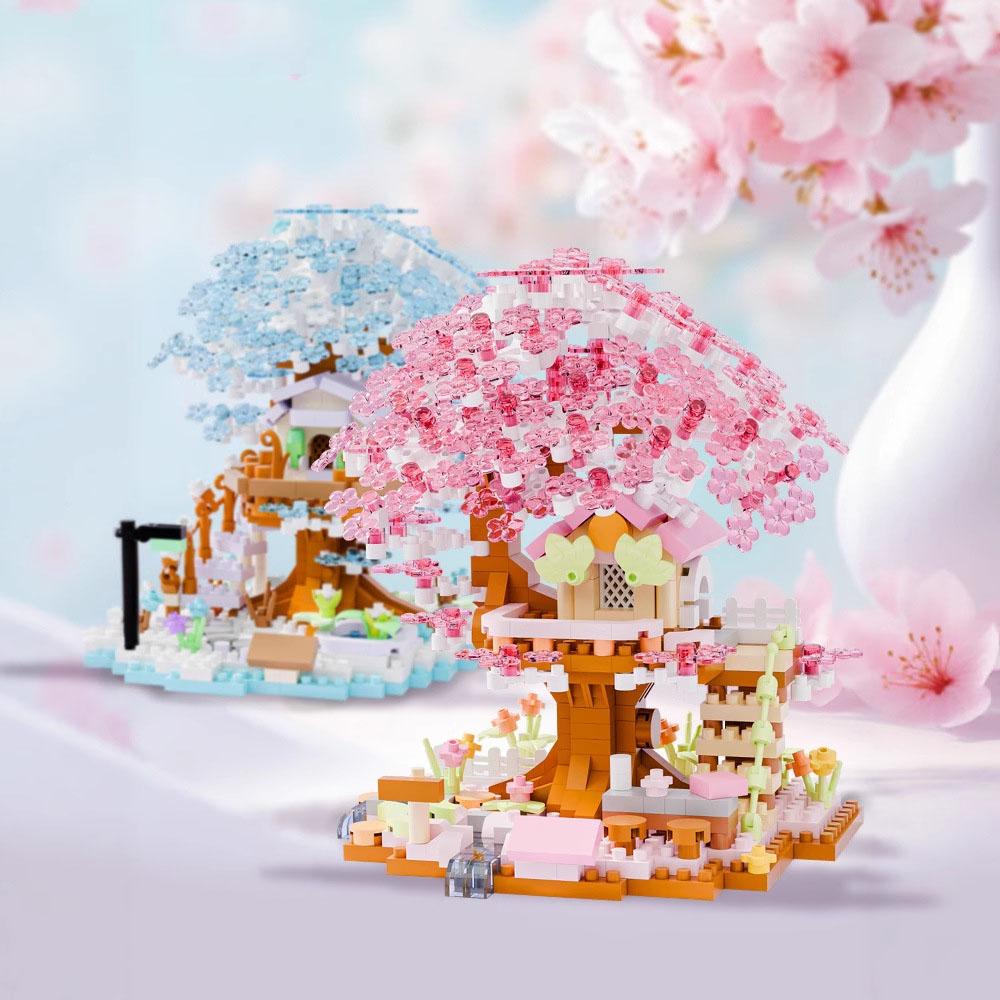 Idea Construction Building Brick Cherry Blossom Tree House Micro Diamond Block Village Cabin Treehouse Toys Nanobrick For Gift