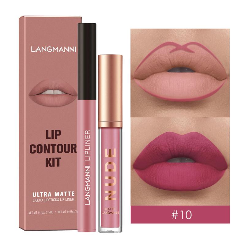 2-teilige Kombination aus Lippenkonturenstift und Lipgloss, wasserfest, langanhaltend, samtig, nackt, sexy, nicht klebender, matter Lippenstift, Lippenkonturenstift