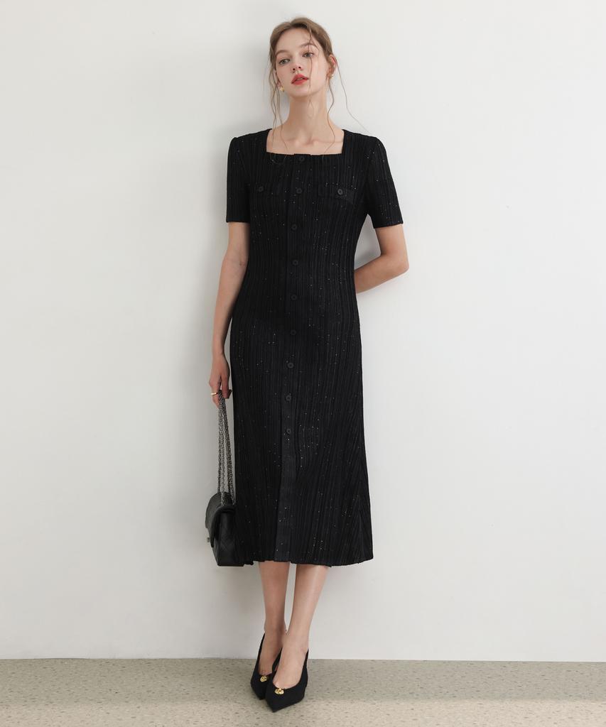 PLEATSMOOD Tweed Pleated Square Neck Dress