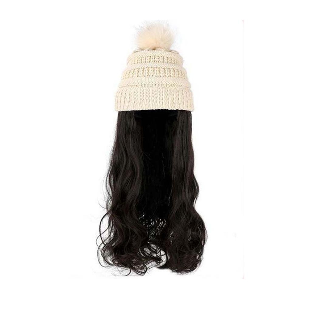 Autumn Winter New European American Women's Long Curly Hair Big Wave Hat Solid Color Knitted Yarn Wig Diagonal Bangs