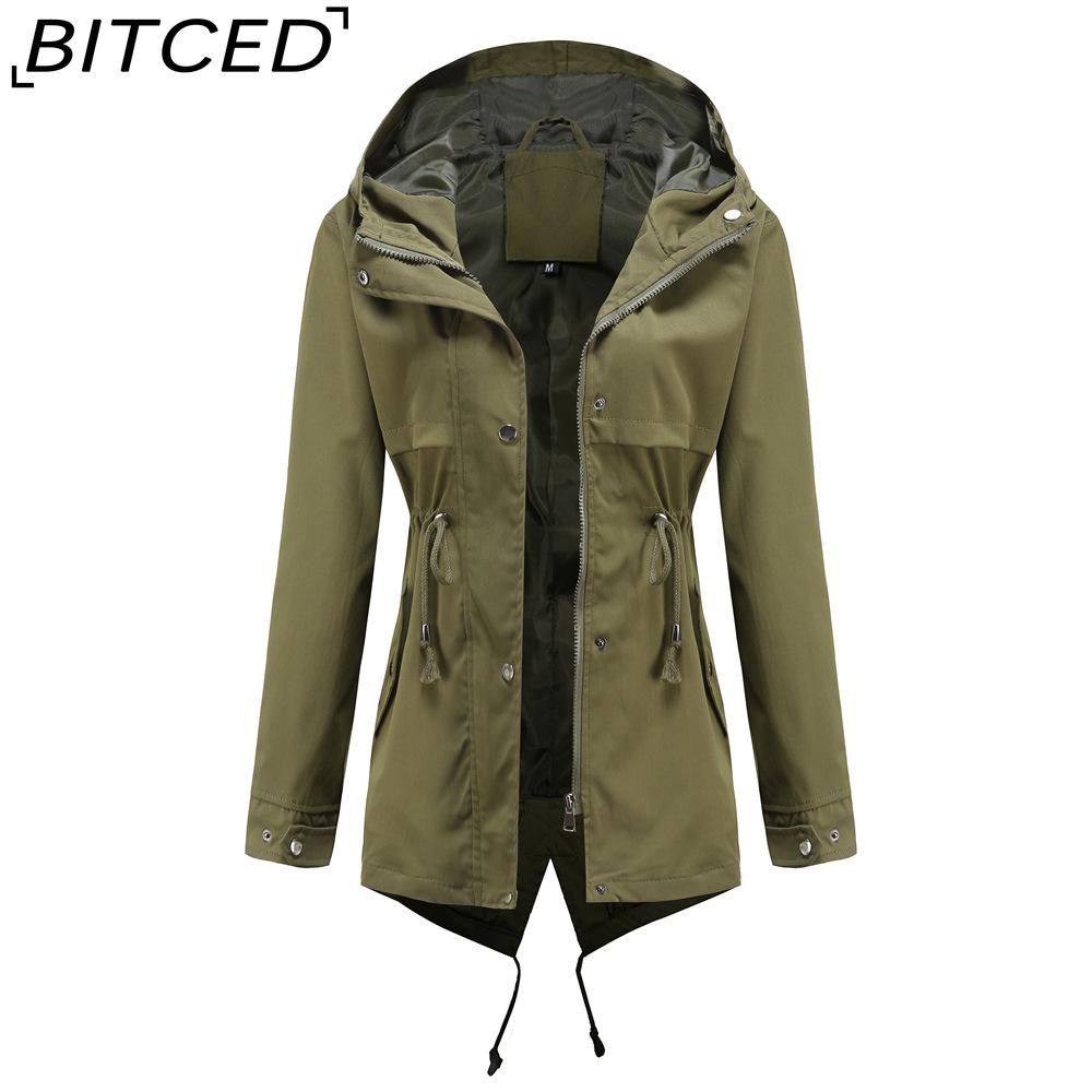 

BITCED Легкий тренч средней длины с капюшоном, куртка с длинными рукавами, приталенный силуэт, уличная дождестойкая одежда XXXL армия зеленый