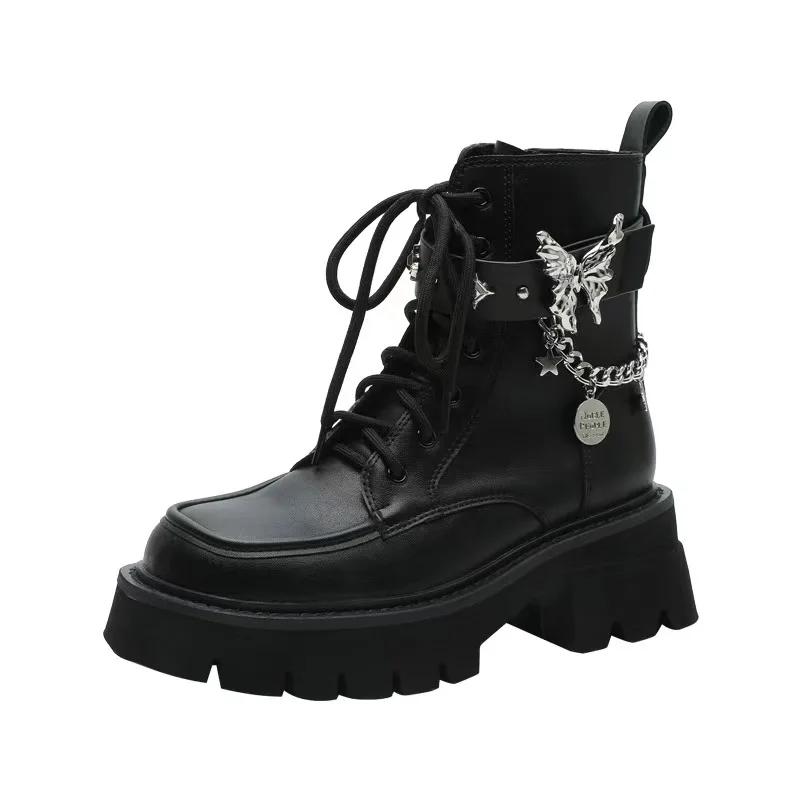 Women Metal Platform Middle Tube New Dark Punk Increased Lace-up Female Lace Up Girl Motorcycle Boots