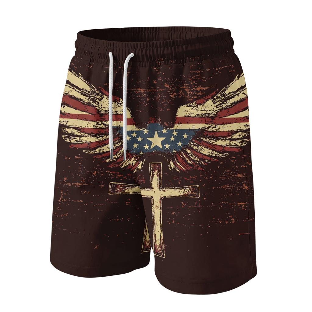 Men's Independence Day Print Drawstring Shorts - Elastic Waist Casual Summer Beach Shorts