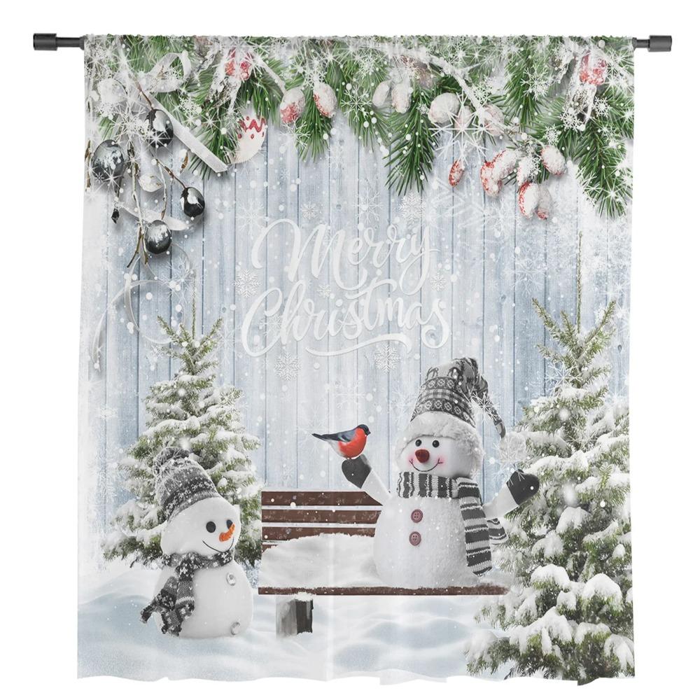 Weihnachts-Schneemann-Stechpalmenbeeren-Chiffon-Vorhänge für Wohnzimmer, Schlafzimmer, Küche, Dekoration, Fenster, Voiles, Tüllvorhang