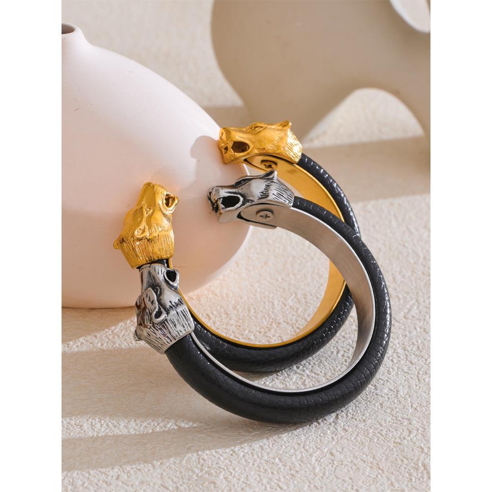 Yhpup 62mm Vintage Leather Wolf Personality Fashion Cuff Open Bracelet Bangle for Men Stainless Steel Wrist Wide Jewelry