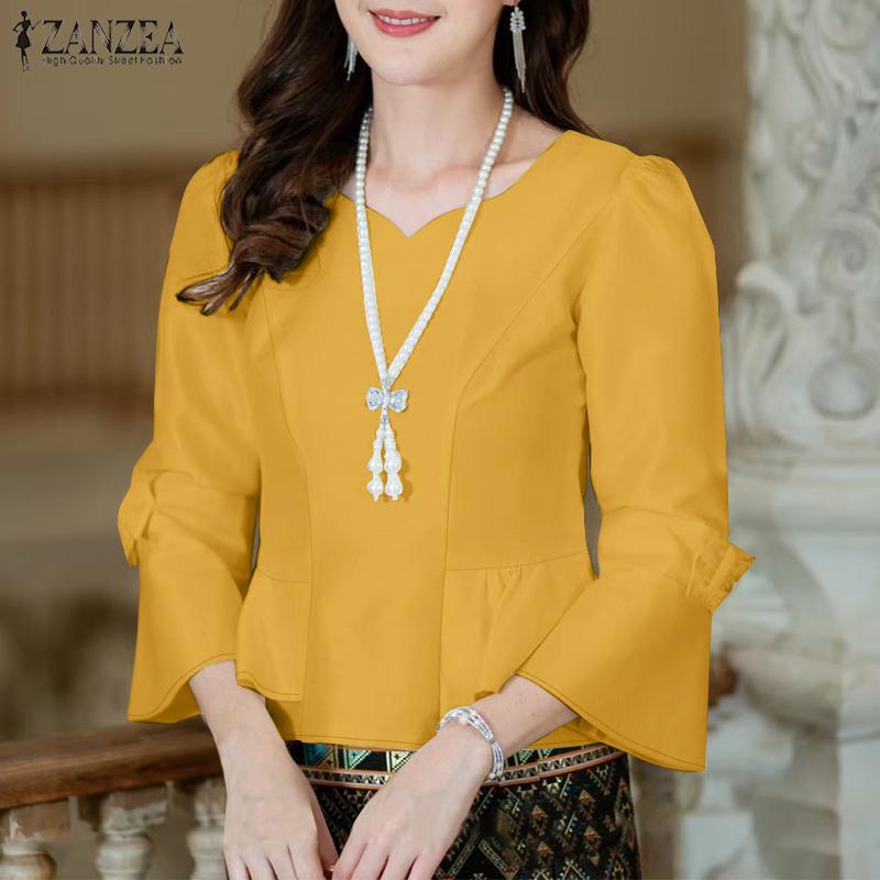

ZANZEA Womens Casual V-Neck Loose 3/4 Sleeve Plain Blouse 3XL белый