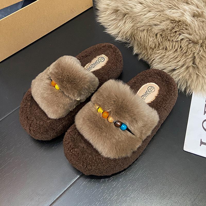 Premium Pearl Chain Fluffy Slippers Women's Outer Wear 2025 New Autumn and Winter Super Fire Fashion Thick Bottom Home Cotton Mop