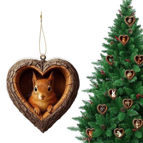 Heart-Shaped Animal Christmas Ornament 2D Flat Acrylic Forest Animal Decoration Woodland Pendant for Xmas Tree Decor Animals Lovers Gift