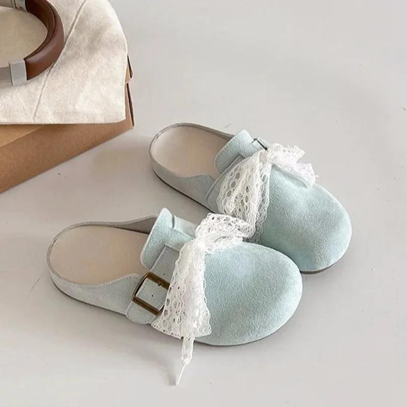 Fashion Sweet Mint Green Close Toe Slides Women Summer 2025 Round Toe Soft Sole Medium Heel Slippers Fashion Soft Sole Outdoor Slippers