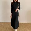 Women's Knitted A-Line Dress Half High Neck Long Sleeve Knee-Length Dress Winter Ribbed Sweater Dress Ladies Office Outfit