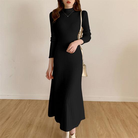 Women's Knitted A-Line Dress Half High Neck Long Sleeve Knee-Length Dress Winter Ribbed Sweater Dress Ladies Office Outfit