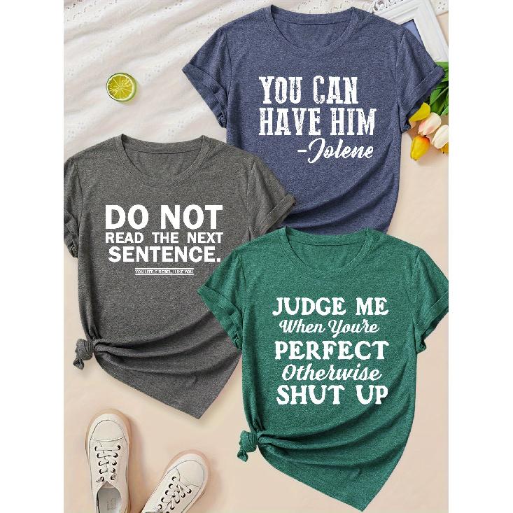 2026 Elegant Simple Letter Print Round Neck Women 3 Pack Short Sleeve T Shirts Fashion Spring Summer Autumn Daily Outfit Set S