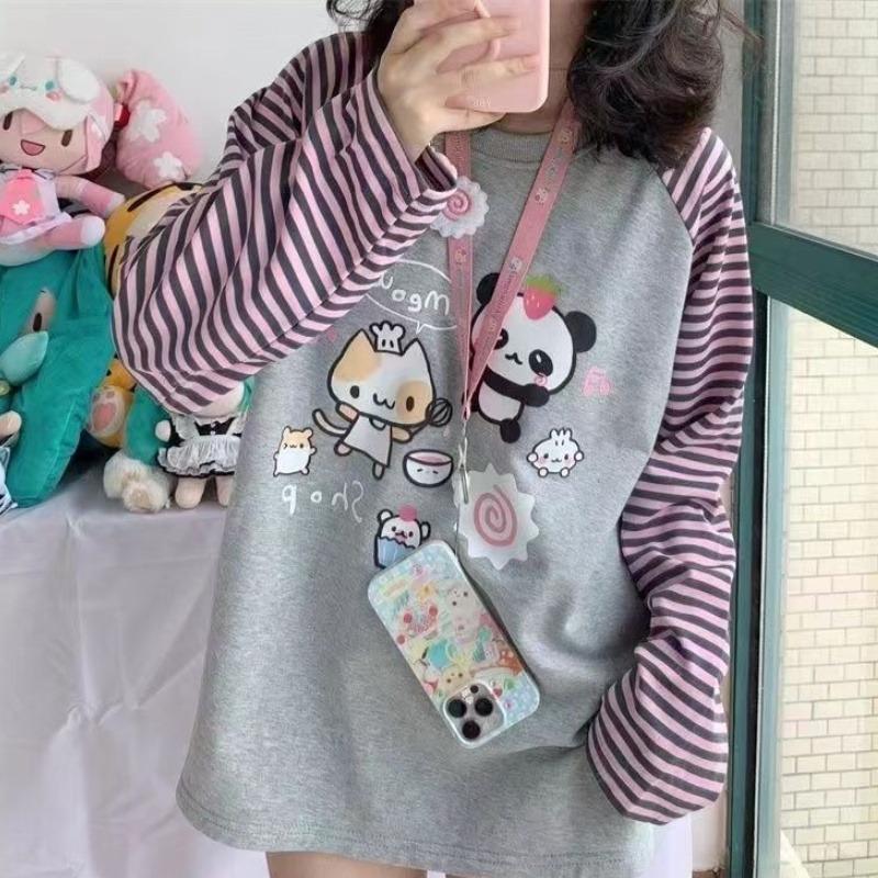 

Japan Kawaii Cartoon Anime Print T-Shirt O-Neck Long Sleeve Top Youth Blouses Women s T-Shirt OTAKU Y2k Stripe Graphic T Shirts XL