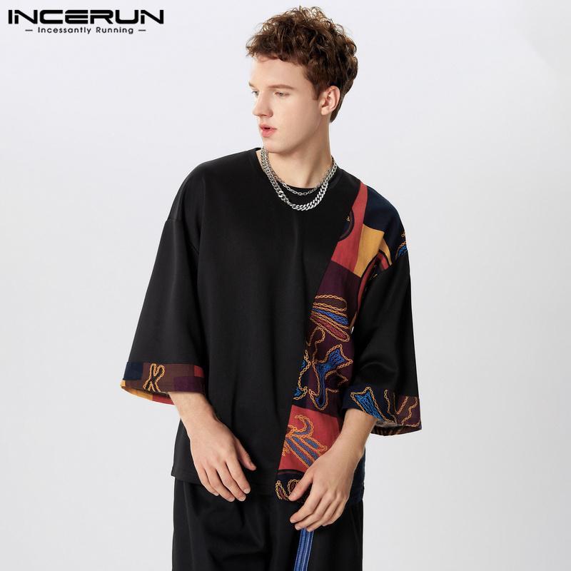 INCERUN bărbați cu mânecă scurtă Patchwork tricou casual de vară vintage cu imprimeu topuri