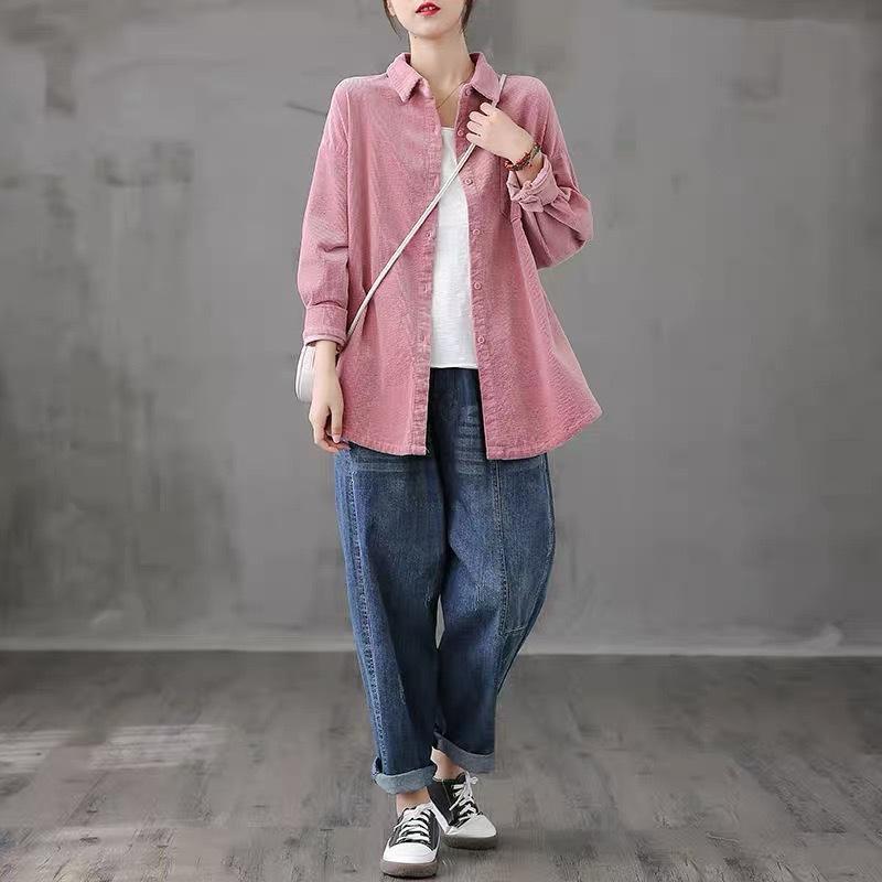 Literary Retro Corduroy Long-sleeved Shirt for Women's Versatile Casual Shirt Autumn Top Wrinkle Resistant Solid Color Oversized Corduroy Shirt