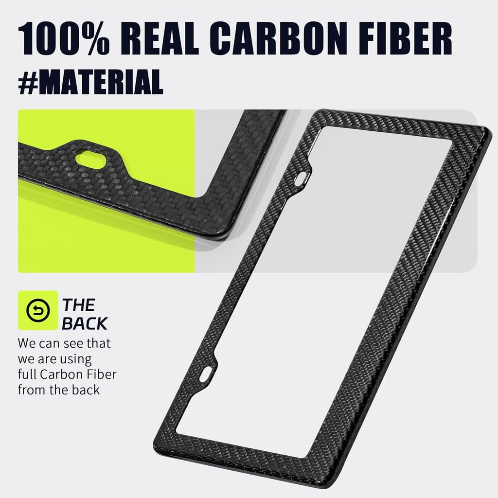 Real Carbon Fiber License Plate Frame, 100% Pure Carbon Fiber Frame, Black License Plate Holder Cover With Screw Caps, Anti-Vibration Pads, (Twill 2