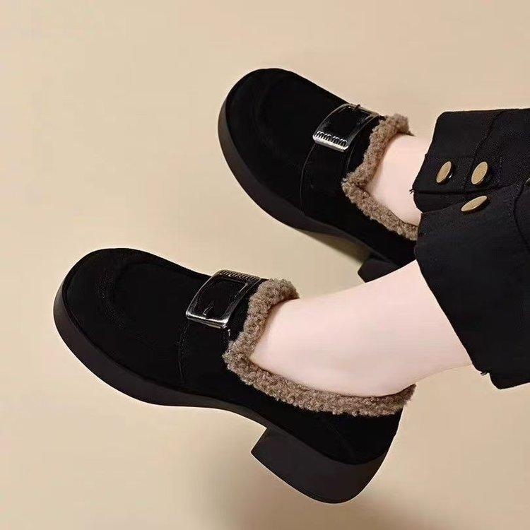 Platform-soled loafers with fleece autumn new warm matte cotton shoes, medium heel thick heel soft sole fluffy shoes 35