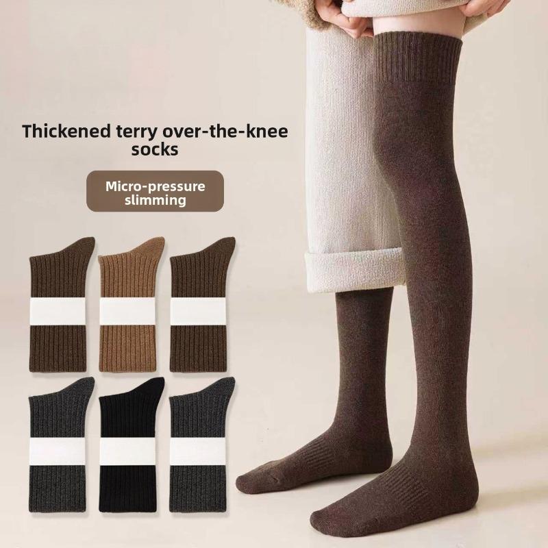 Thick and Warm Padded Women's Long Knee Socks with Woolen Cuffs for Autumn and Winter. Knee-length Over-the-knee Socks for Warmth.