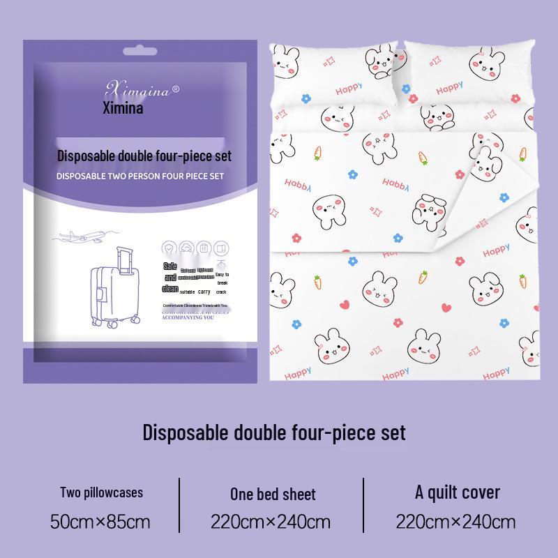 Purple Disposable 4-Piece Non-Woven Bedding Set: Bed Sheet & Duvet Cover for Hotel or Travel. Ideal for Comfortable, Naked Sleeping.