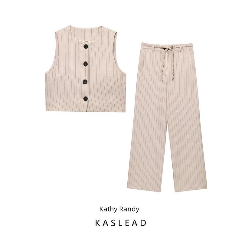Kaslead New Women Clothes Western Style Fashion Stripe Short Vest Striped Pants 4387158 4387058